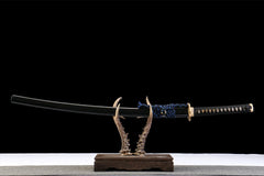 黑金蓝绫 katana product detail image 1 showing blade, saya, and fittings