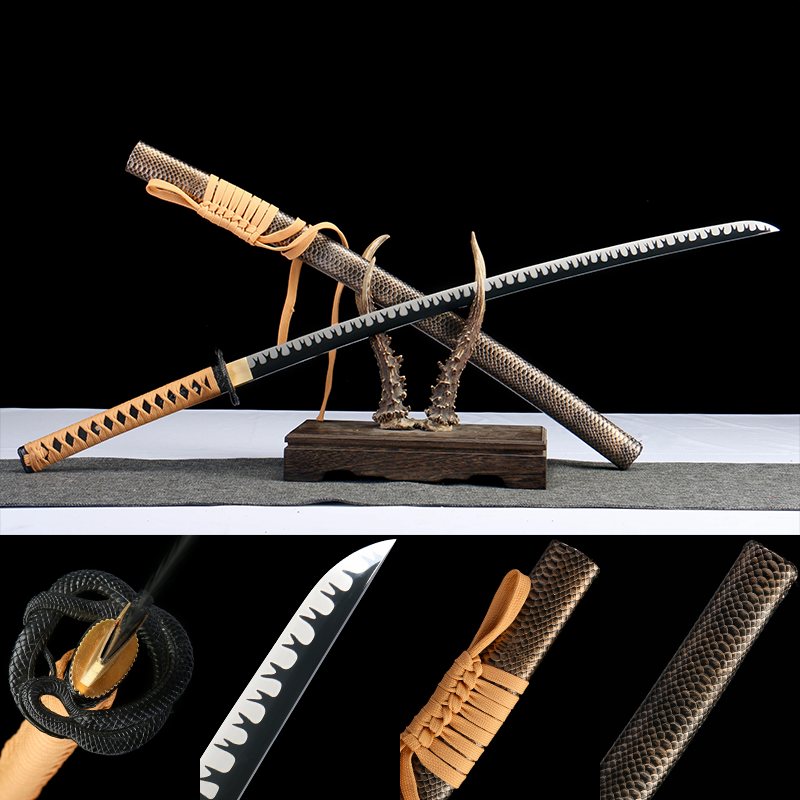 孤鸿影 katana with blackened white-edge blade, tan handle wrap, and Black Mamba Snakeskin Saya