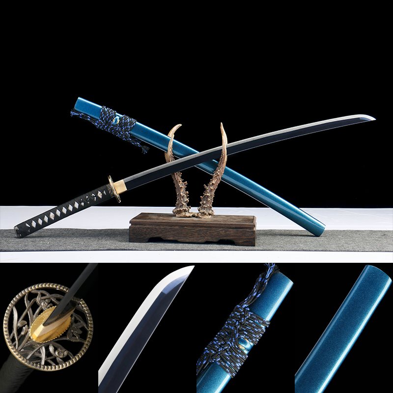 松间鹤唳 katana with blue-black blade, polished white edge, and orchid blue saya