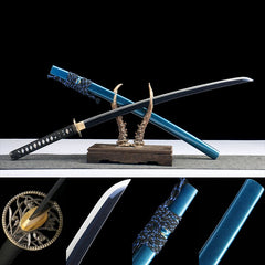 松间鹤唳 katana with blue-black blade, polished white edge, and orchid blue saya