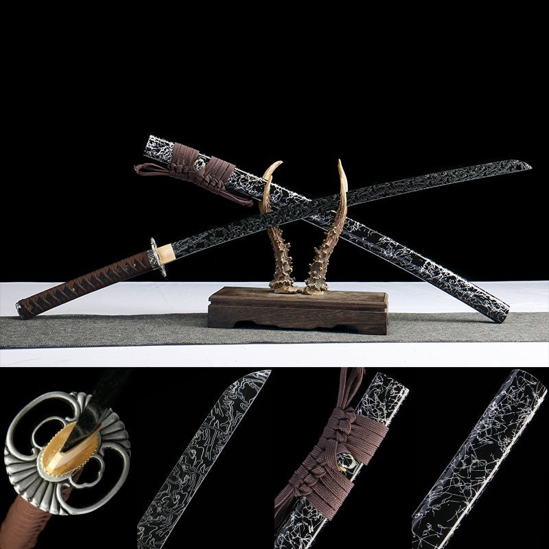 Fenchengjie Katana – black silver brushed pattern blade with brown silk wrapped handle on antler stand