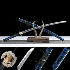 混沌初开 katana with polished silver blade, ivory wrap, and black saya with gold brush accents