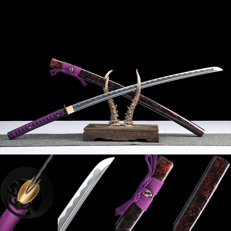 暗夜魔瞳 katana with dark blade, black blue handle wrap, and electric blue crackle saya