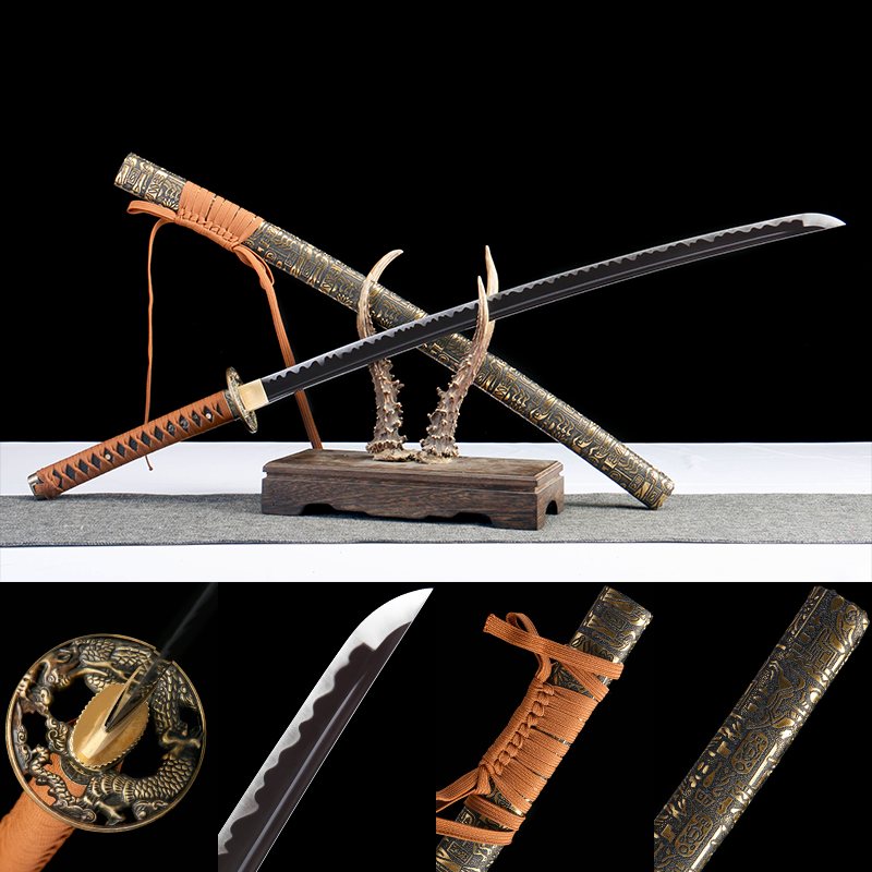 噬魂渊 katana with dark purple-black blade and embossed plum dragon saya