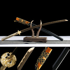星陨·断时 katana with gold flame-pattern blade and gloss black saya