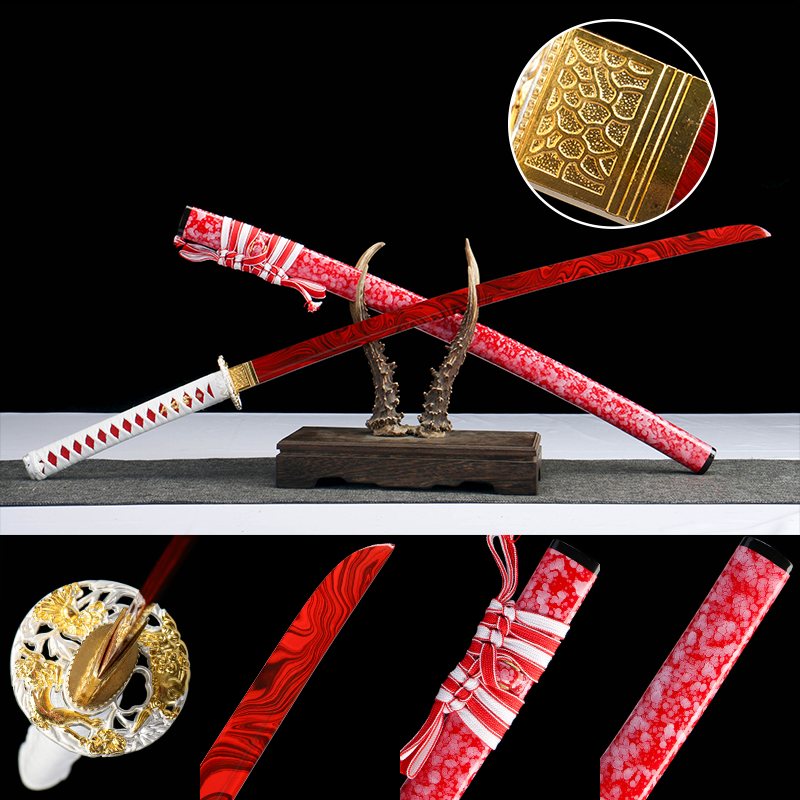 蚀骨红莲 katana with crimson patterned blade and floral red saya