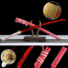 蚀骨红莲 katana with crimson patterned blade and floral red saya