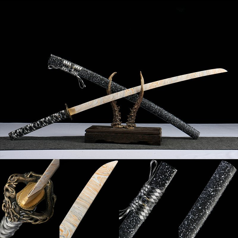 千机变 katana with fire-pattern blade, coiled dragon tsuba, and speckled lacquered wood saya