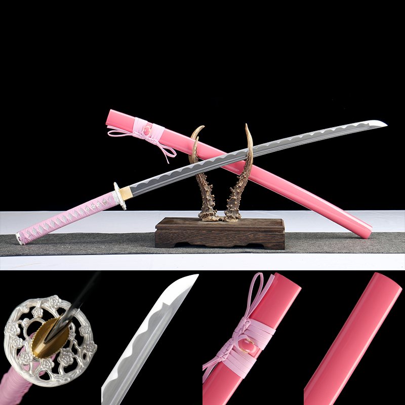 霓虹斩 katana with silver wave-pattern blade and sakura pink saya