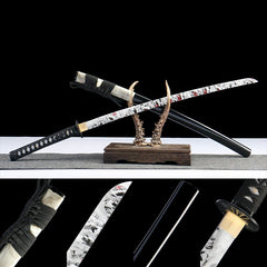 碎岳 katana with ink landscape patterned blade and gloss black saya