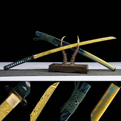 青冥引 katana with golden grain-pattern blade and blue gold saya