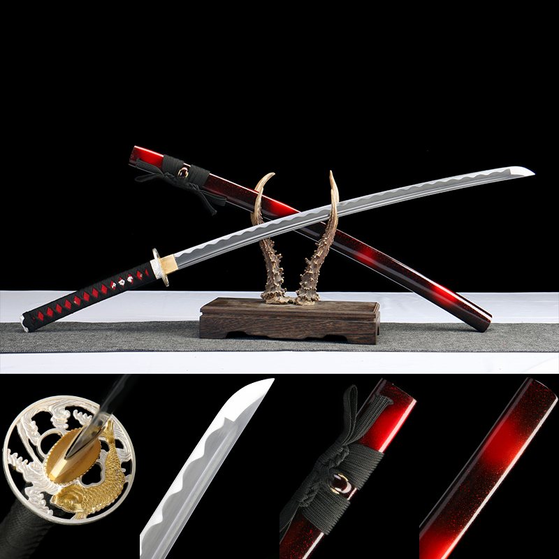 永夜之拥 katana with polished silver blade and crimson glow saya