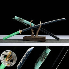 惊蛰 katana with midnight flame-pattern blade, mint green handle wrap, and gloss black saya