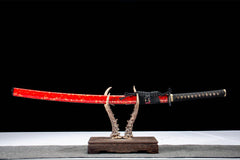 Red Saya T10 Clay Tempered Katana blade and fittings detail