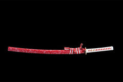 Wide studio view of 蚀骨红莲 katana and patterned red saya on a wooden stand