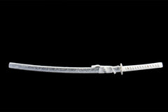 Wide studio view of 冰魄凝光 katana and white crackle saya on a wooden stand