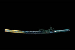 Wide studio view of 青冥引 katana and blue gold saya on a wooden stand