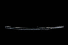 Wide studio view of 破阵子 katana and black sea-pattern saya on a wooden stand