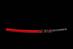 Red Saya T10 Clay Tempered Hamon Katana blade and fittings detail