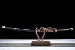 Black Sakura 1060 Damascus Steel Tachi blade and fittings detail