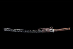 Side profile of Fenchengjie Katana sheathed with brown sageo cord on antler display stand