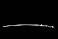 Green Sakura 1060 Damascus Steel Tachi saya and handle detail