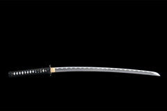 Close-up of 断鸿 blade showing the polished edge and wave temper pattern
