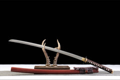 赤金绯刃 katana product detail image 4 showing blade, saya, and fittings
