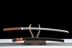 Detailed view of 承影流光 drawn beside the black saya and amber brown sageo