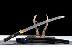 黑金扇影 wakizashi product detail image 5 showing blade, saya, and fittings