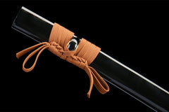 Handle and habaki detail of 承影流光 with dark iron tsuba and blade base