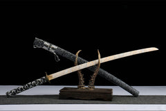 Handle and habaki detail of 千机变 with the coiled dragon tsuba and patterned blade base