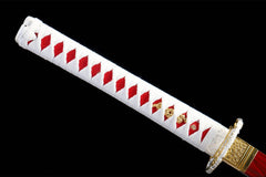 Saya mouth and cord detail of 蚀骨红莲 showing patterned finish and sageo
