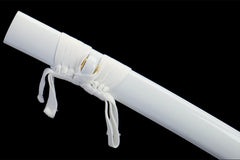 Saya mouth and cord detail of 霜刃未试 showing white lacquer finish and sageo