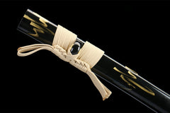 Saya mouth and cord detail of 渡厄 showing the lacquer finish and sageo