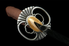 Three-petal silver tsuba and brass habaki on Fenchengjie Katana hand guard