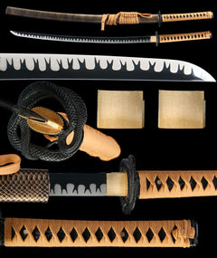 孤鸿影 katana extended vertical detail composition showing the full sword profile, blade close-up, tsuba, habaki, and tsuka wrap
