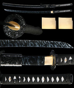 破阵子 katana extended vertical detail composition showing the full sword profile, blade close-up, tsuba, habaki, and tsuka wrap
