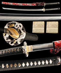 朱焰·断云 katana extended vertical detail composition showing the full sword profile, blade close-up, tsuba, habaki, and tsuka wrap