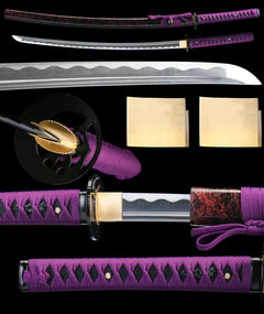 暗夜魔瞳 katana extended vertical detail composition showing the full sword profile, blade close-up, tsuba, habaki, and tsuka wrap