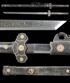 牡丹花开唐刀 katana extended vertical detail composition showing the full sword profile, blade close-up, tsuba, habaki, and tsuka wrap