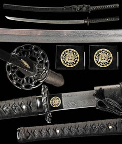 夜烬·星陨 katana extended vertical detail composition showing the full sword profile, blade close-up, tsuba, habaki, and tsuka wrap