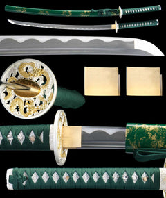 快意裁云 katana extended vertical detail composition showing the full sword profile, blade close-up, tsuba, habaki, and tsuka wrap