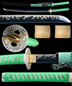 惊蛰 katana extended vertical detail composition showing the full sword profile, blade close-up, tsuba, habaki, and tsuka wrap