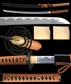 承影流光 katana extended vertical detail composition showing the full sword profile, blade close-up, tsuba, habaki, and tsuka wrap