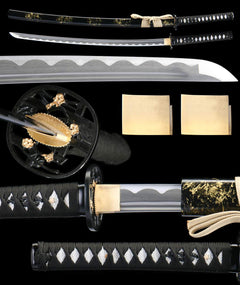 断鸿 katana extended vertical detail composition showing the full sword profile, blade close-up, tsuba, habaki, and tsuka wrap