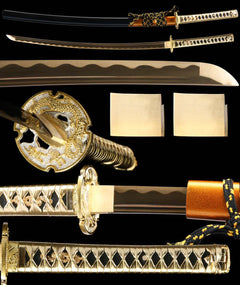 星陨·断时 katana extended vertical detail composition showing the full sword profile, blade close-up, tsuba, habaki, and tsuka wrap