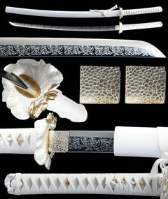 霜刃未试 katana extended vertical detail composition showing the full sword profile, blade close-up, tsuba, habaki, and tsuka wrap