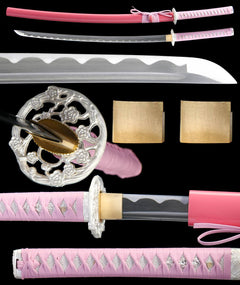 霓虹斩 katana extended vertical detail composition showing the full sword profile, blade close-up, tsuba, habaki, and tsuka wrap