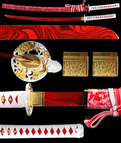 蚀骨红莲 katana extended vertical detail composition showing the full sword profile, blade close-up, tsuba, habaki, and tsuka wrap